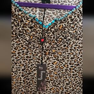 LOVING IT ❤️ Leopard Print Stretch Knit Beaded V-Neck 3/4 Sleeve Tunic Blouse-1X
